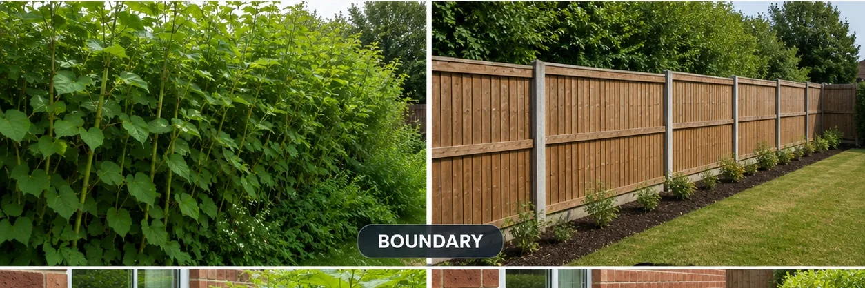 Knotweed swamping a boundary before, clean fenced boundary after