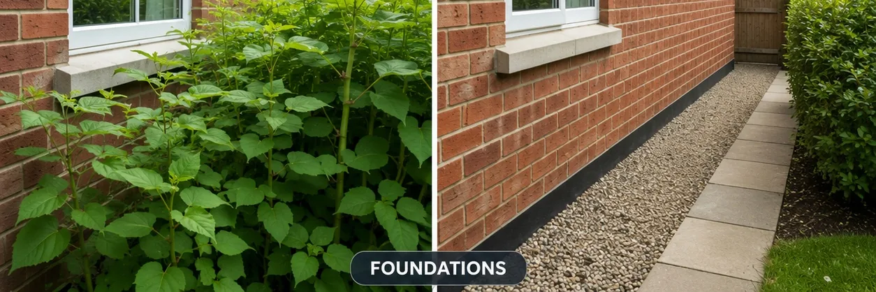 Knotweed against house foundations before, clear protected wall after
