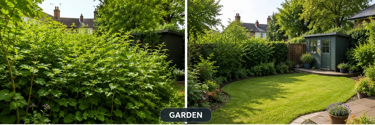 Overgrown knotweed garden before treatment, cleared restored garden after
