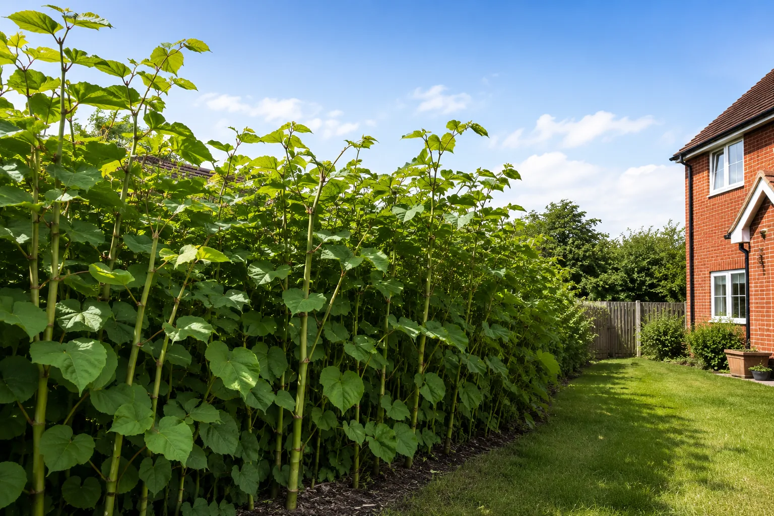 Established stand of Japanese knotweed with tall bamboo-like green stems growing along the boundary of a British house and garden