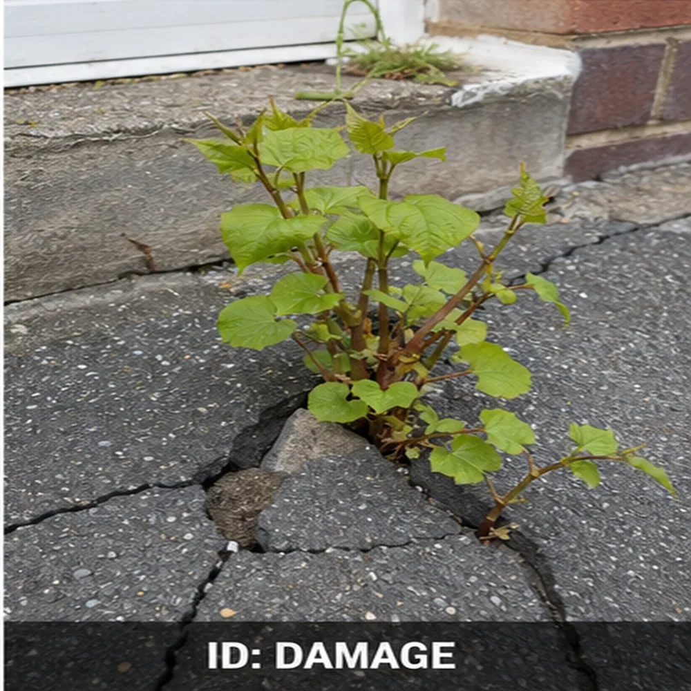 Japanese knotweed pushing up through cracked paving beside a house