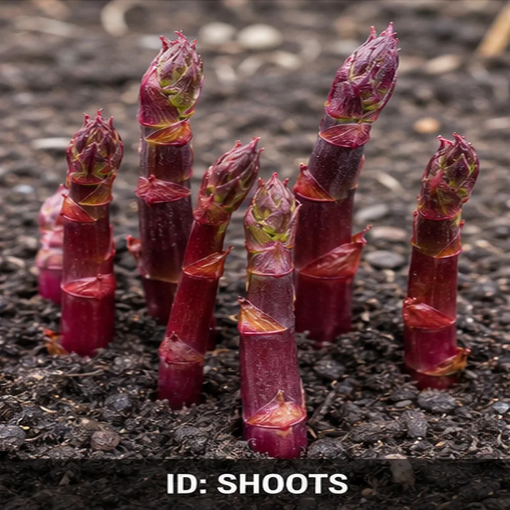 Red and purple knotweed spring shoots emerging from soil