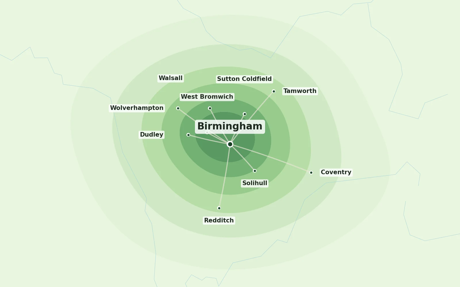 Map of Birmingham and nearby areas we cover for Japanese knotweed removal
