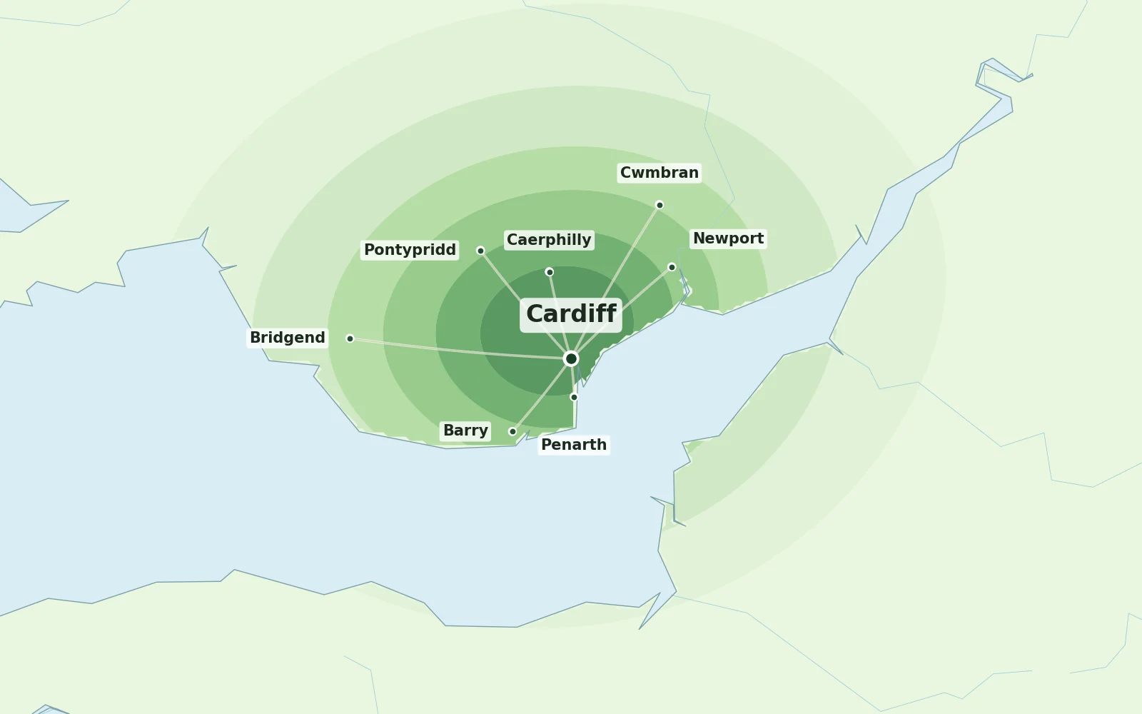 Map of Cardiff and nearby areas we cover for Japanese knotweed removal