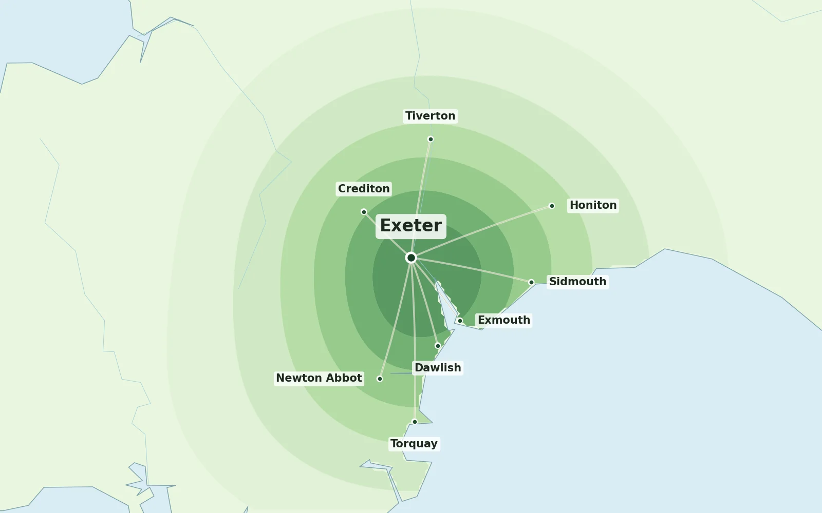 Map of Exeter and nearby areas we cover for Japanese knotweed removal