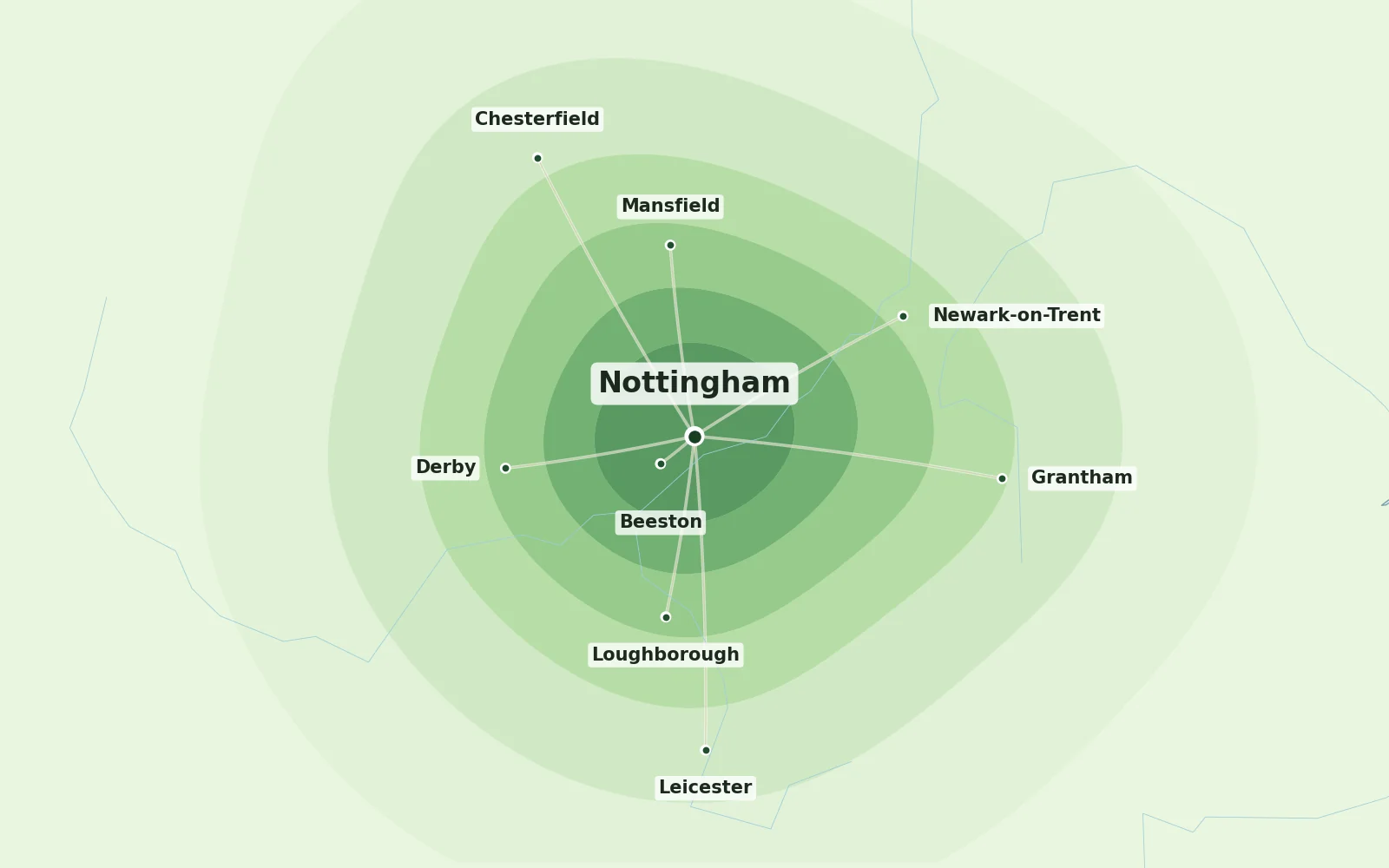 Map of Nottingham and nearby areas we cover for Japanese knotweed removal