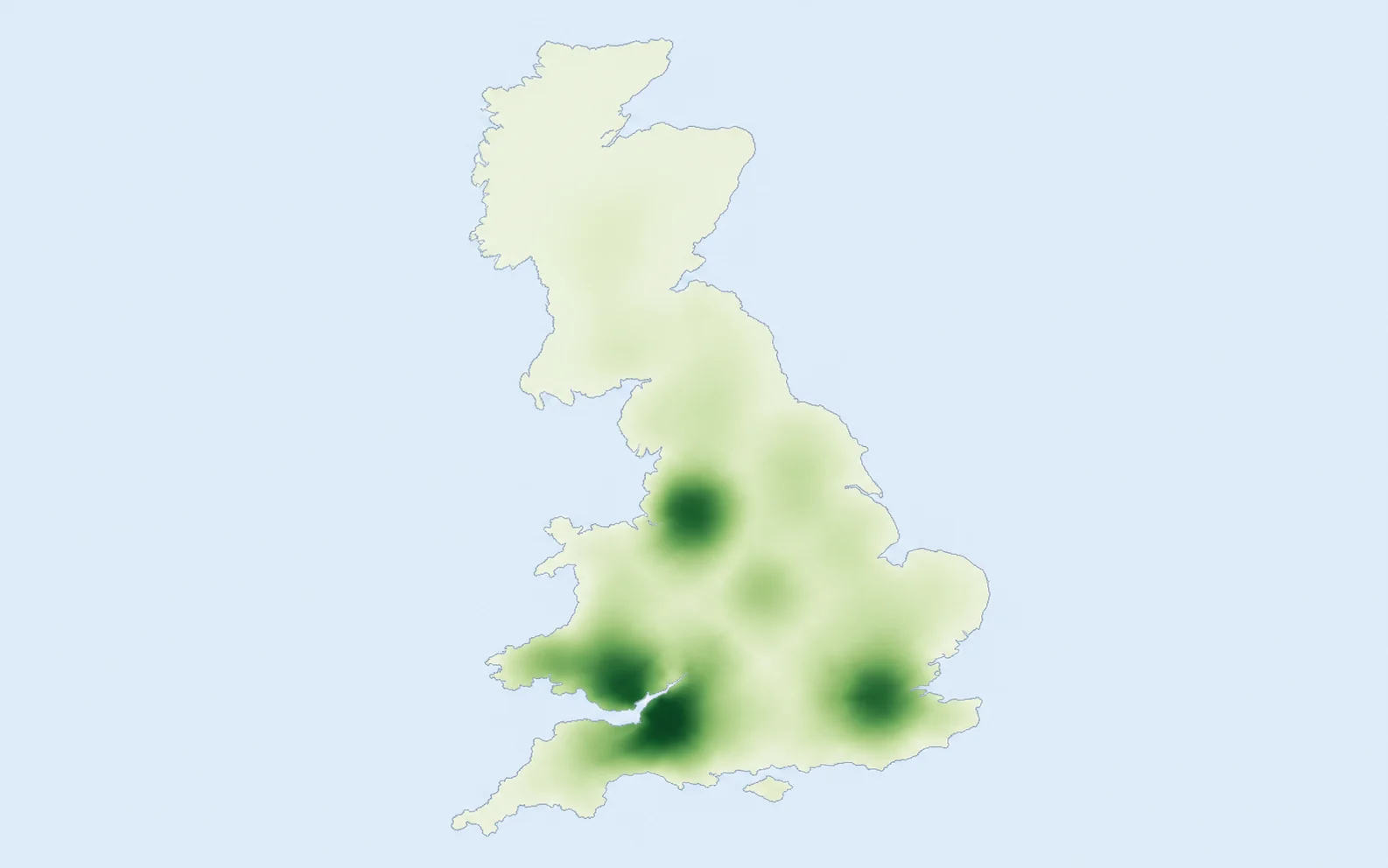 Map of Japanese knotweed prevalence across the UK — heaviest in Bristol and the South West, South Wales, the North West and London